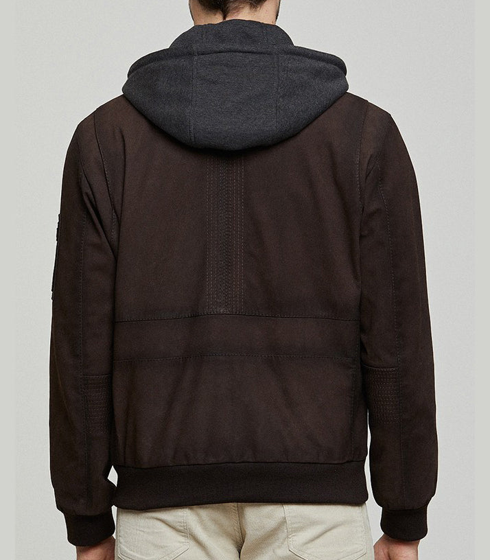 David Brown Leather Jacket With Hood For Men