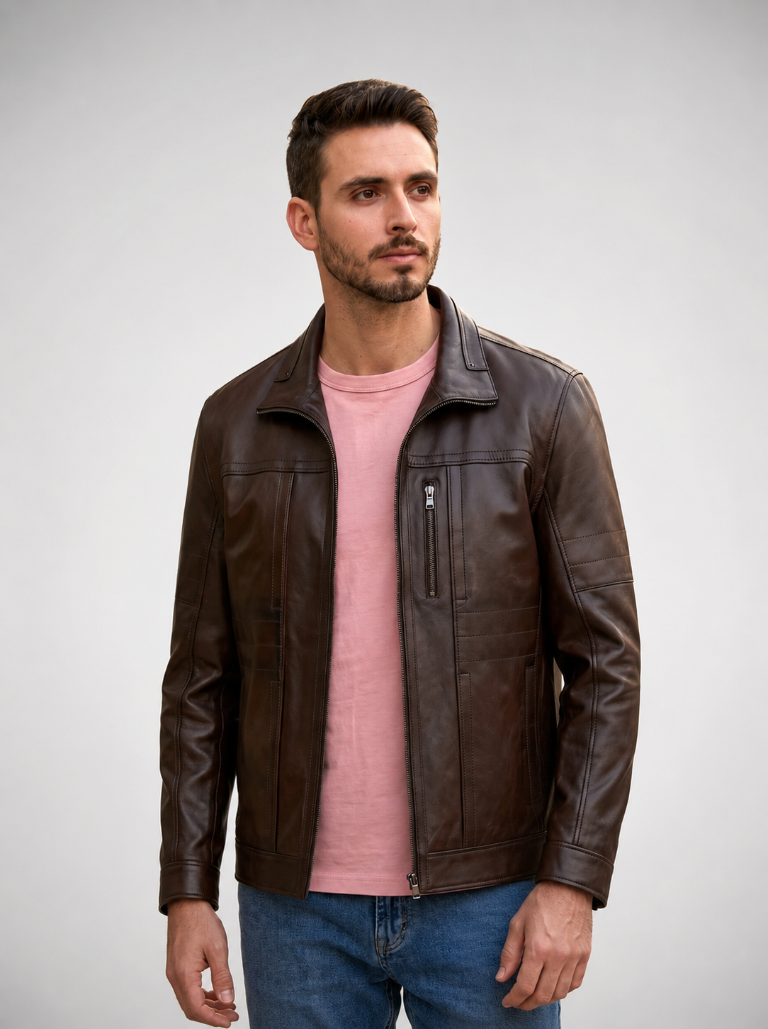 Bruno Cognac Brown Biker Racer Leather Jacket For Men