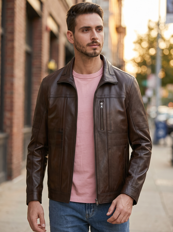 Bruno Cognac Brown Biker Racer Leather Jacket For Men