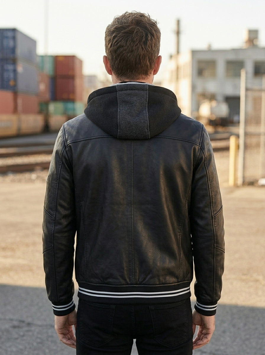 Bryson Black Stylish Leather Jacket For Men With Hood