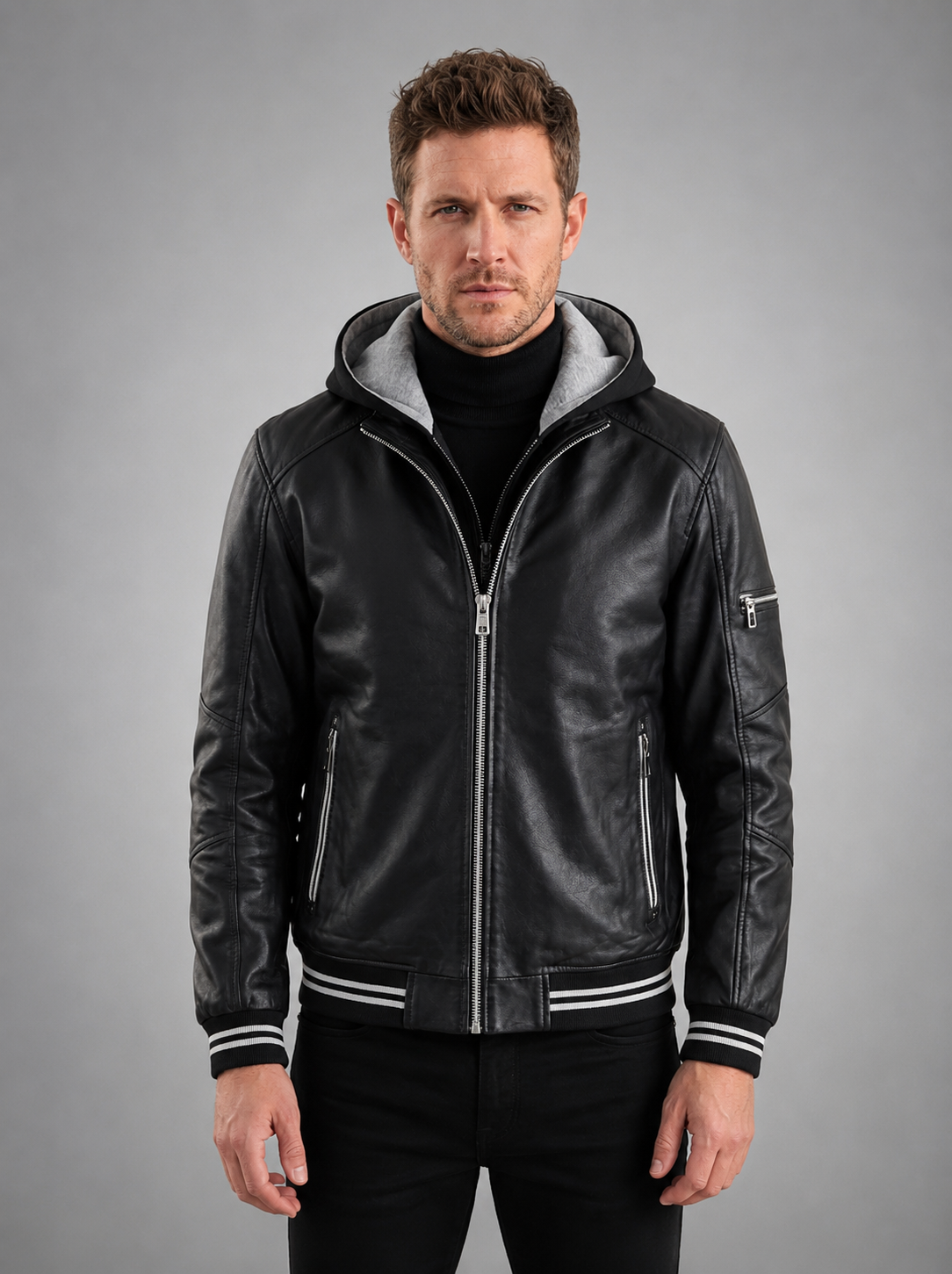 Bryson Black Stylish Leather Jacket For Men With Hood