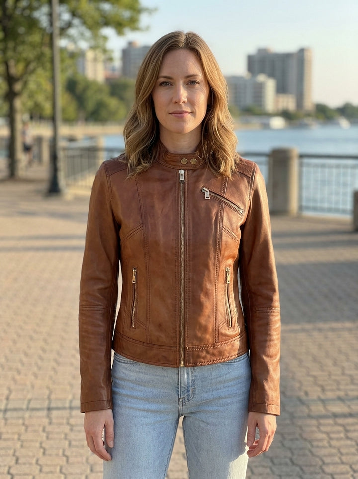 Burnt Seinna Women Brown Leather Jacket