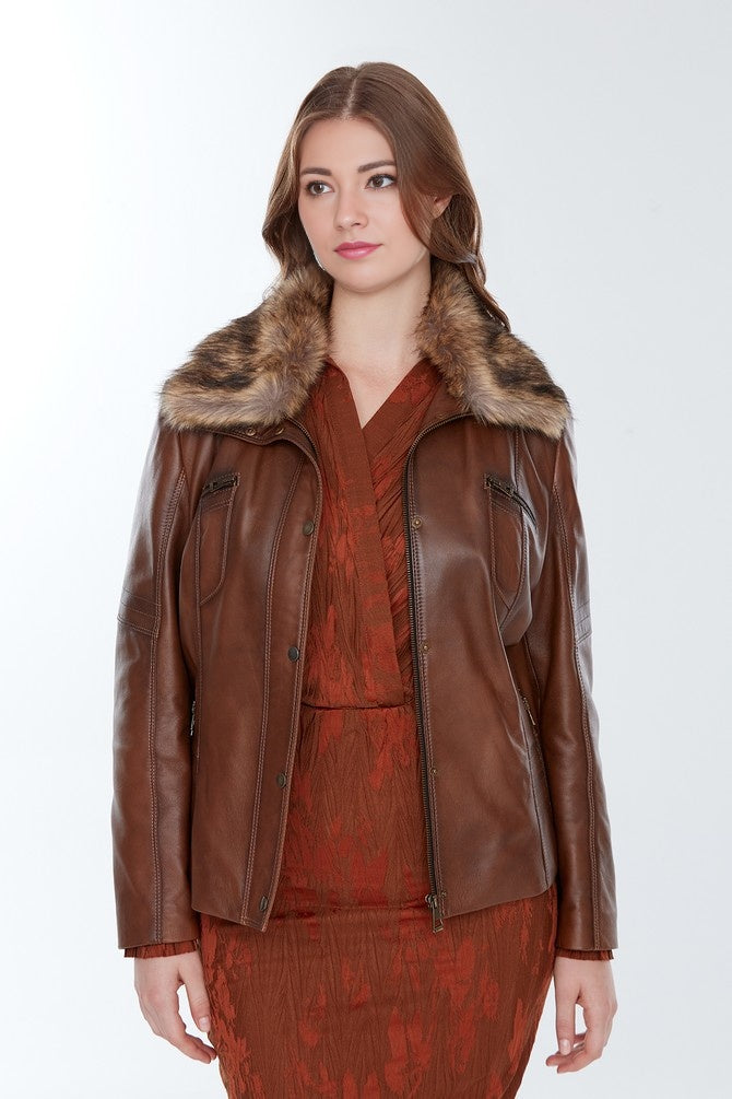 Women Brown Leather Jacket With Orignal Fur Collar