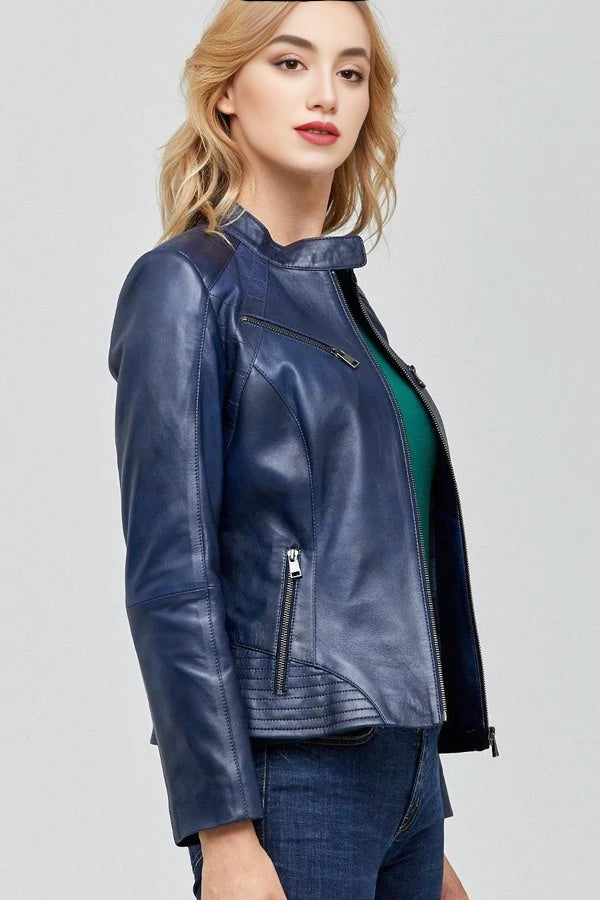 Sydney Blue Leather Jacket for Women