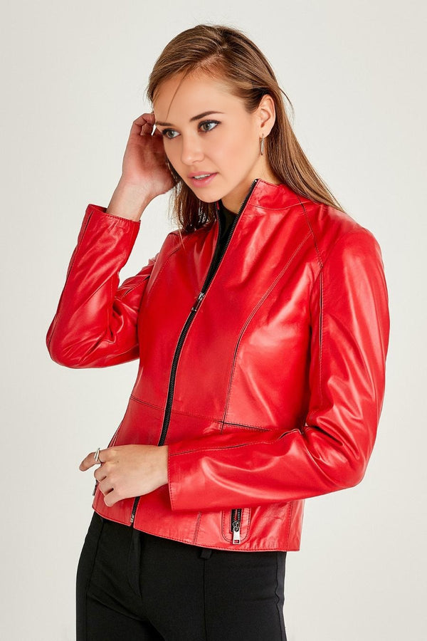 Cherry Red Leather Jacket For Women