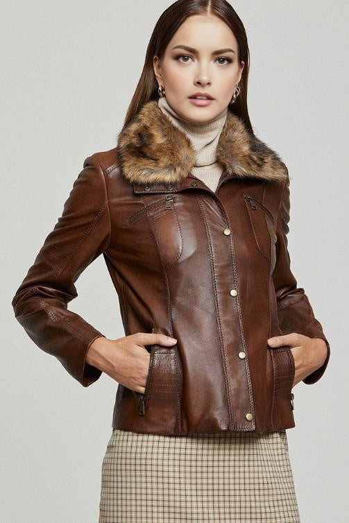 Sepia Hued Brown Leather Jacket With Original Fur Collar For Women