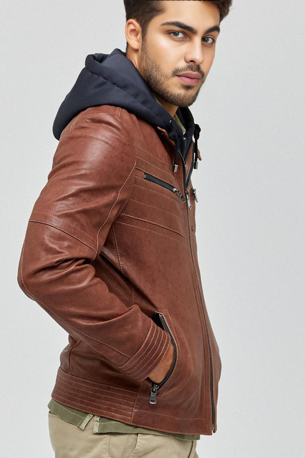 Detroit Hooded Brown Leather Jacket for Men