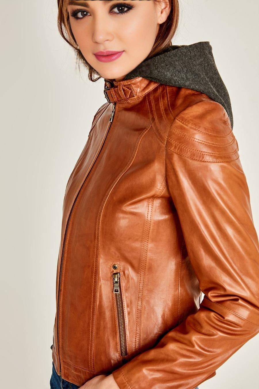 Vegas Stylish Brown Leather Hoodie Jacket For Women
