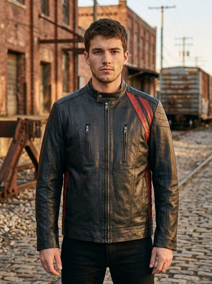 Cafe Racer Black Leather Jacket with red stripe For Men