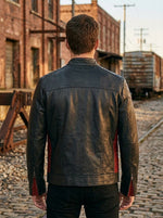Cafe Racer Black Leather Jacket with red stripe For Men
