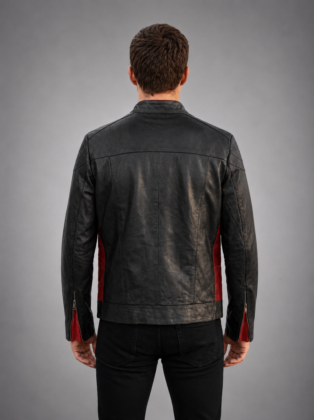 Cafe Racer Black Leather Jacket with red stripe For Men