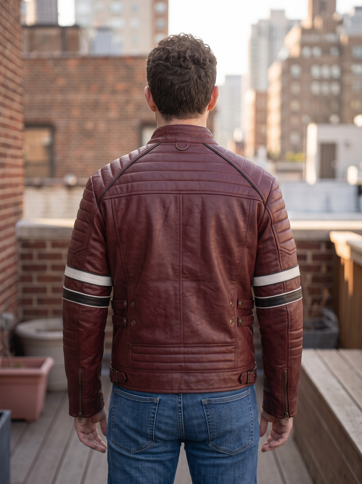 Cafe Racer Dark Red Leather Jacket with Contrast Stripe For Men