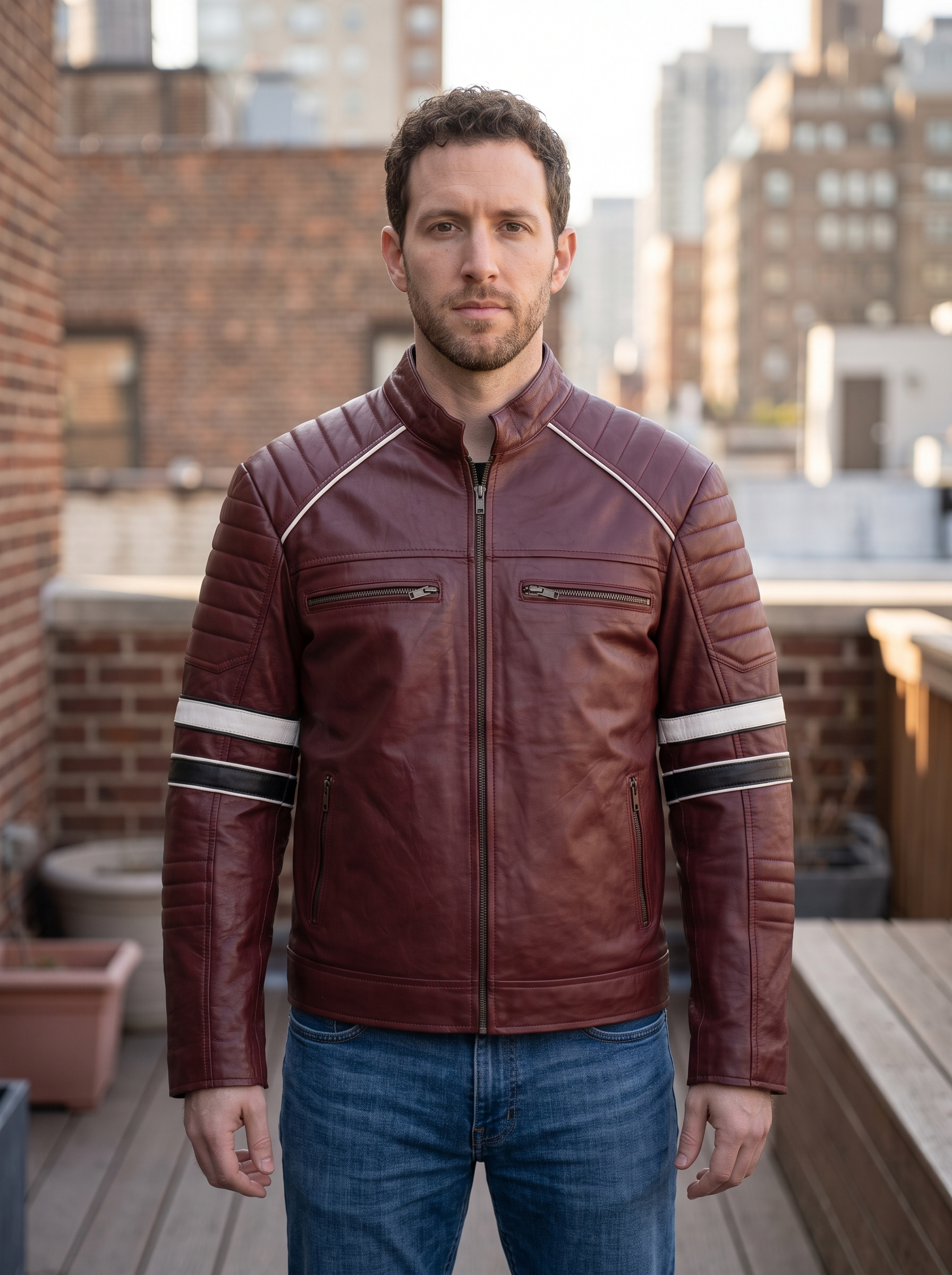 Cafe Racer Dark Red Leather Jacket with Contrast Stripe For Men