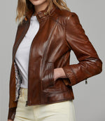 Camel Carla Motor Bike Leather Jacket For Women