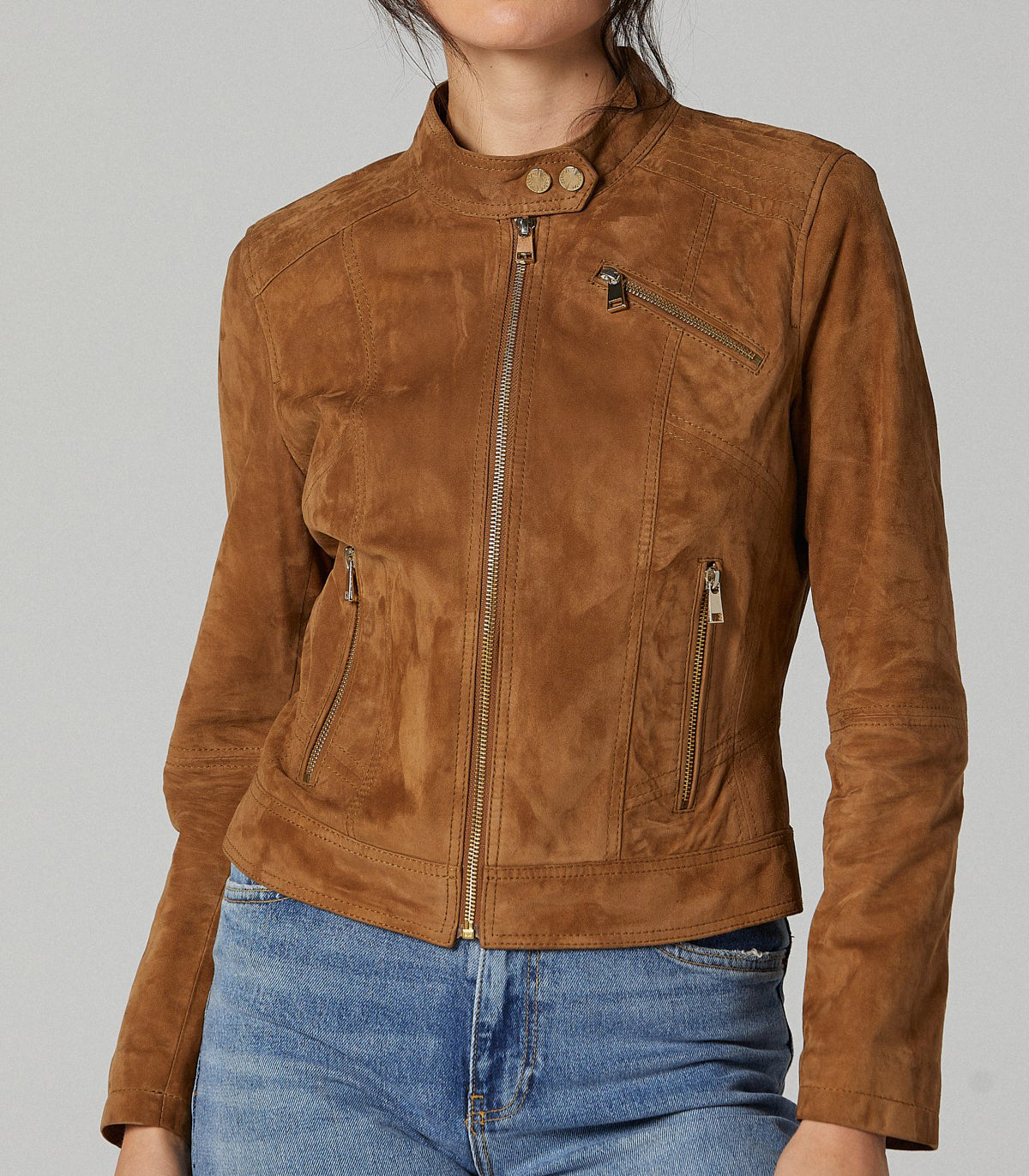 Camel Kylie Suede Brown Leather Jacket For Women