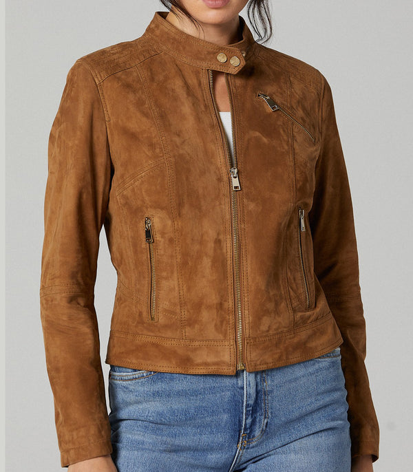 Camel Kylie Suede Brown Leather Jacket For Women