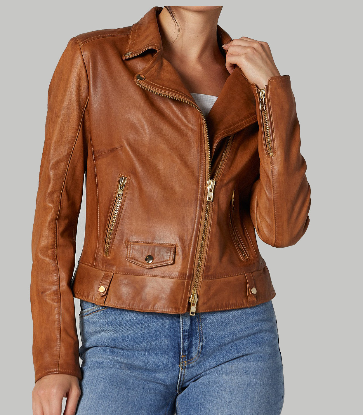 Camel Roxana Brown Biker Leather Jacket For Women