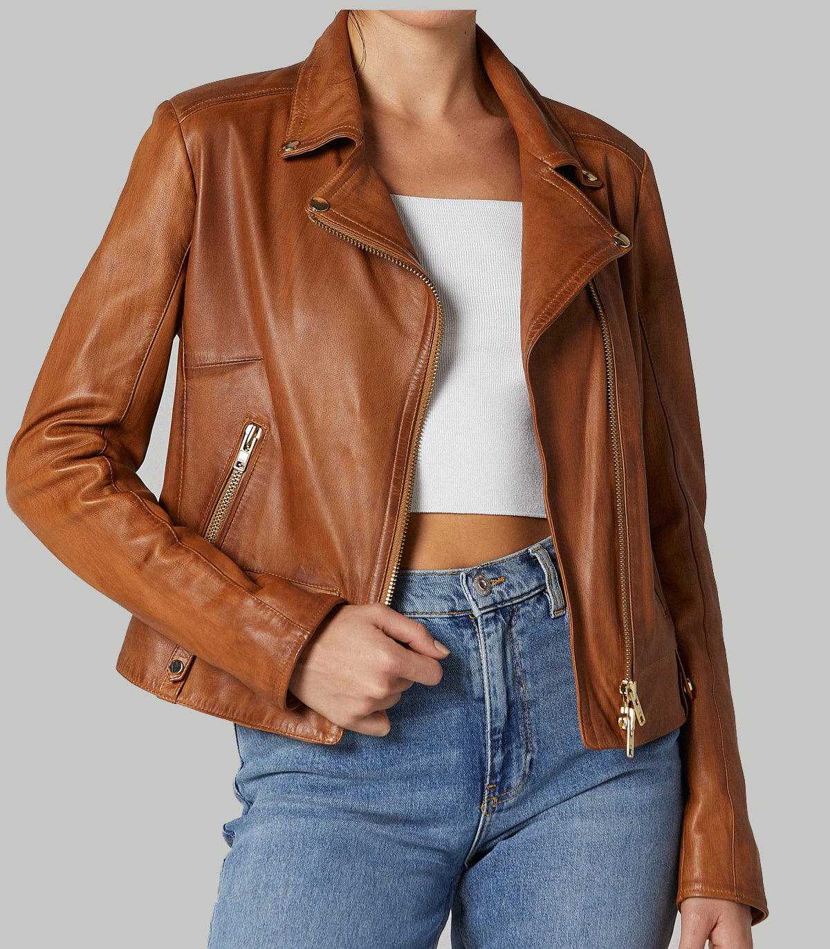 Camel Roxana Brown Biker Leather Jacket For Women