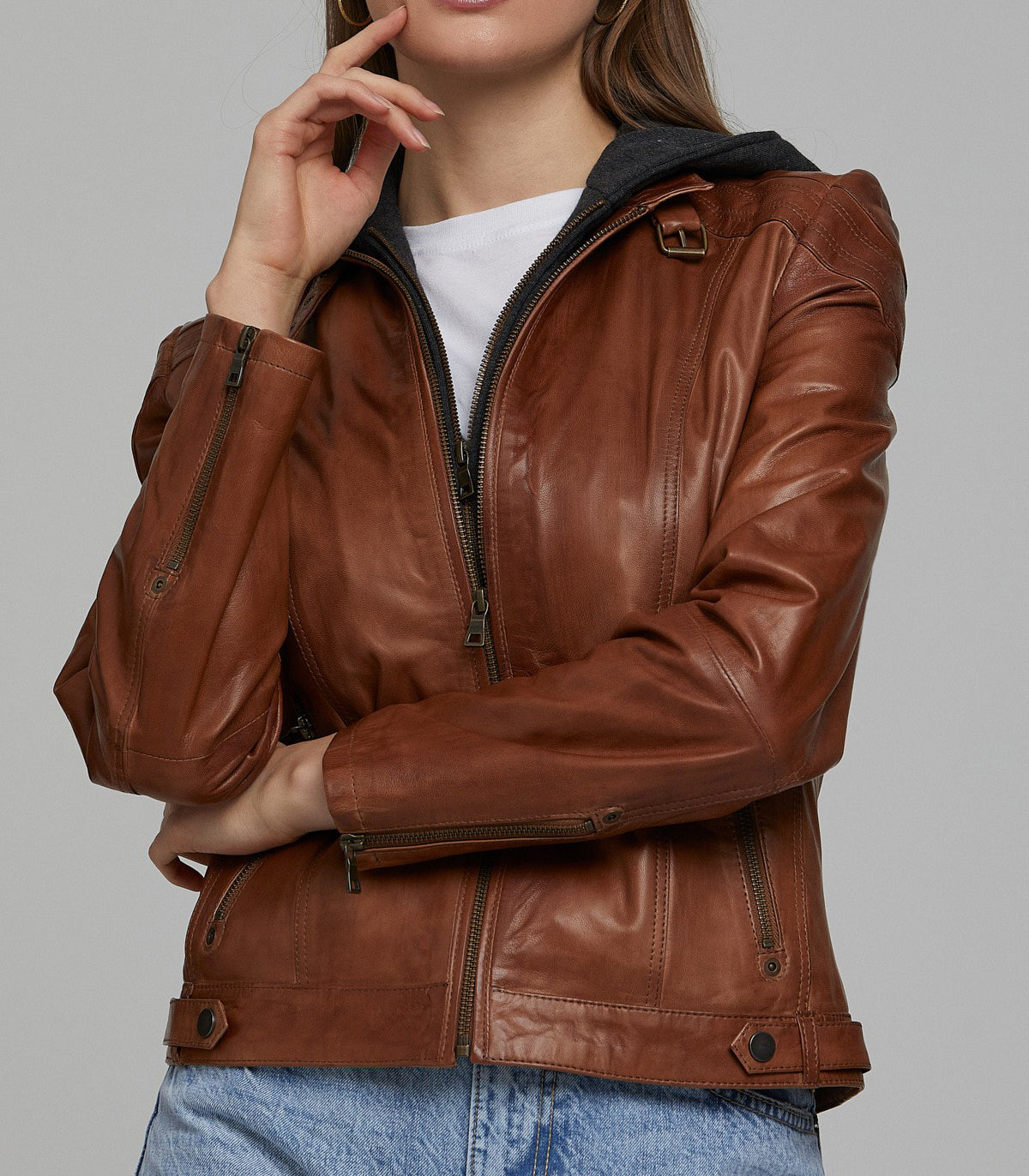 Sophia Brown Leather Jacket With Black Hoodie For Women