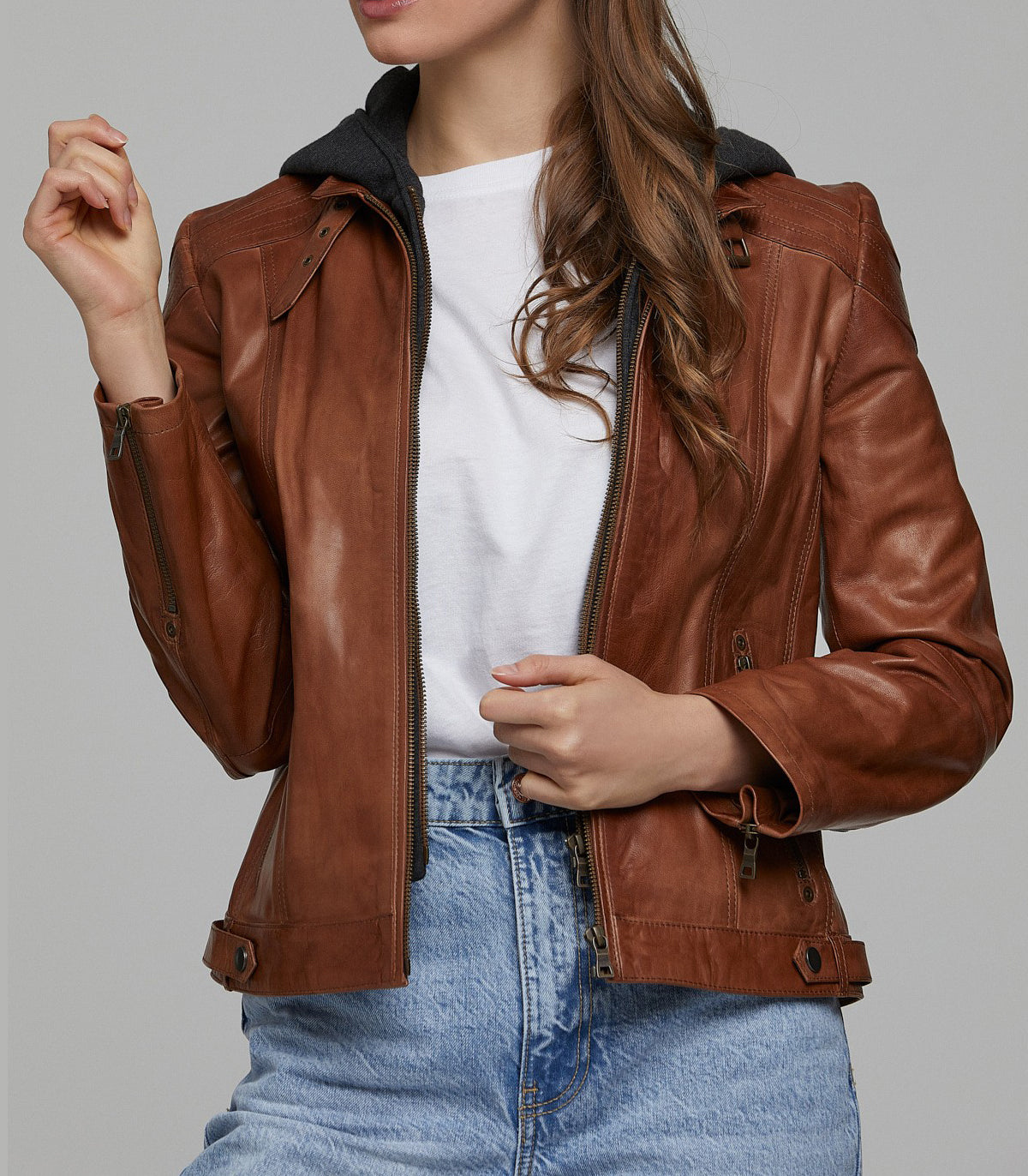 Sophia Brown Leather Jacket With Black Hoodie For Women