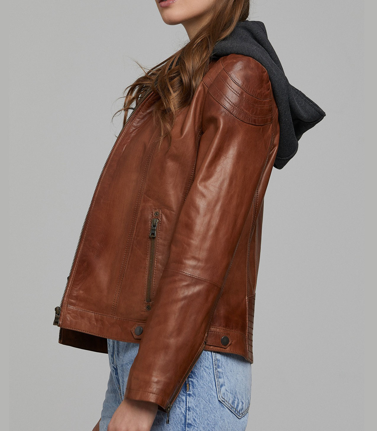 Sophia Brown Leather Jacket With Black Hoodie For Women