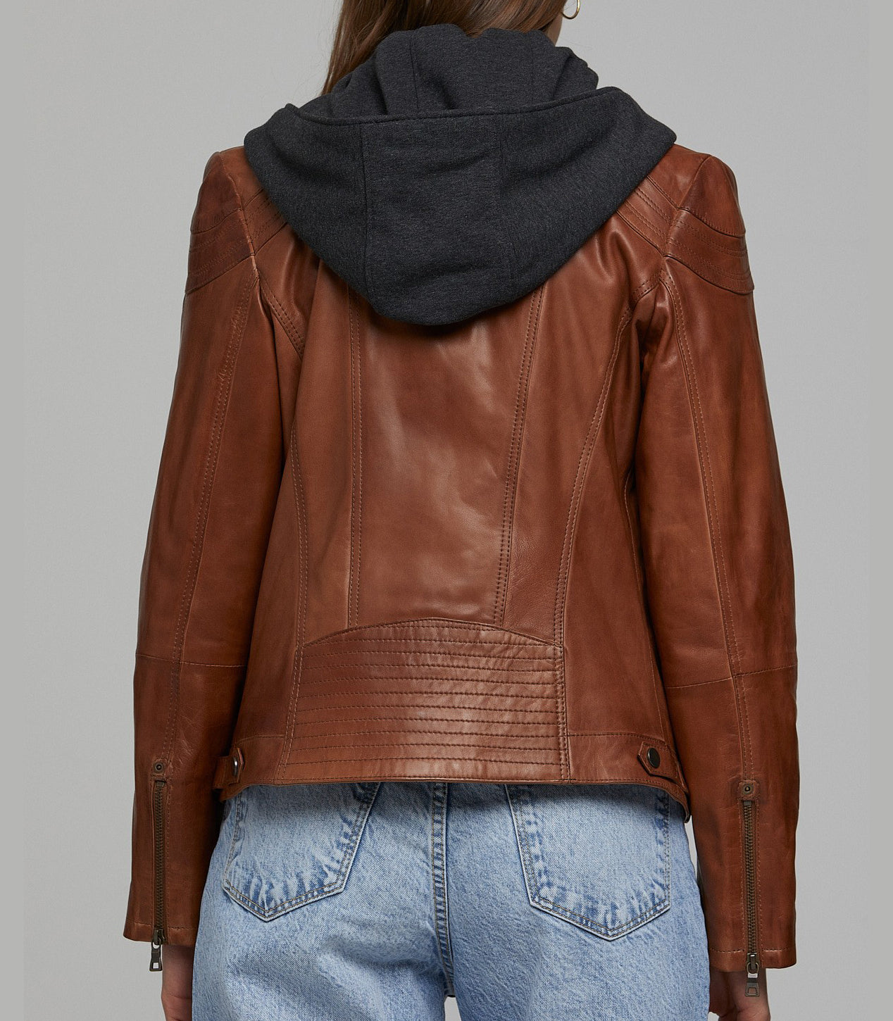 Sophia Brown Leather Jacket With Black Hoodie For Women