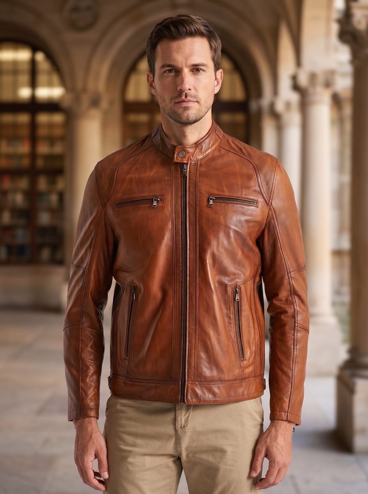 Camel Alanzo Brown Leather Jacket For Men