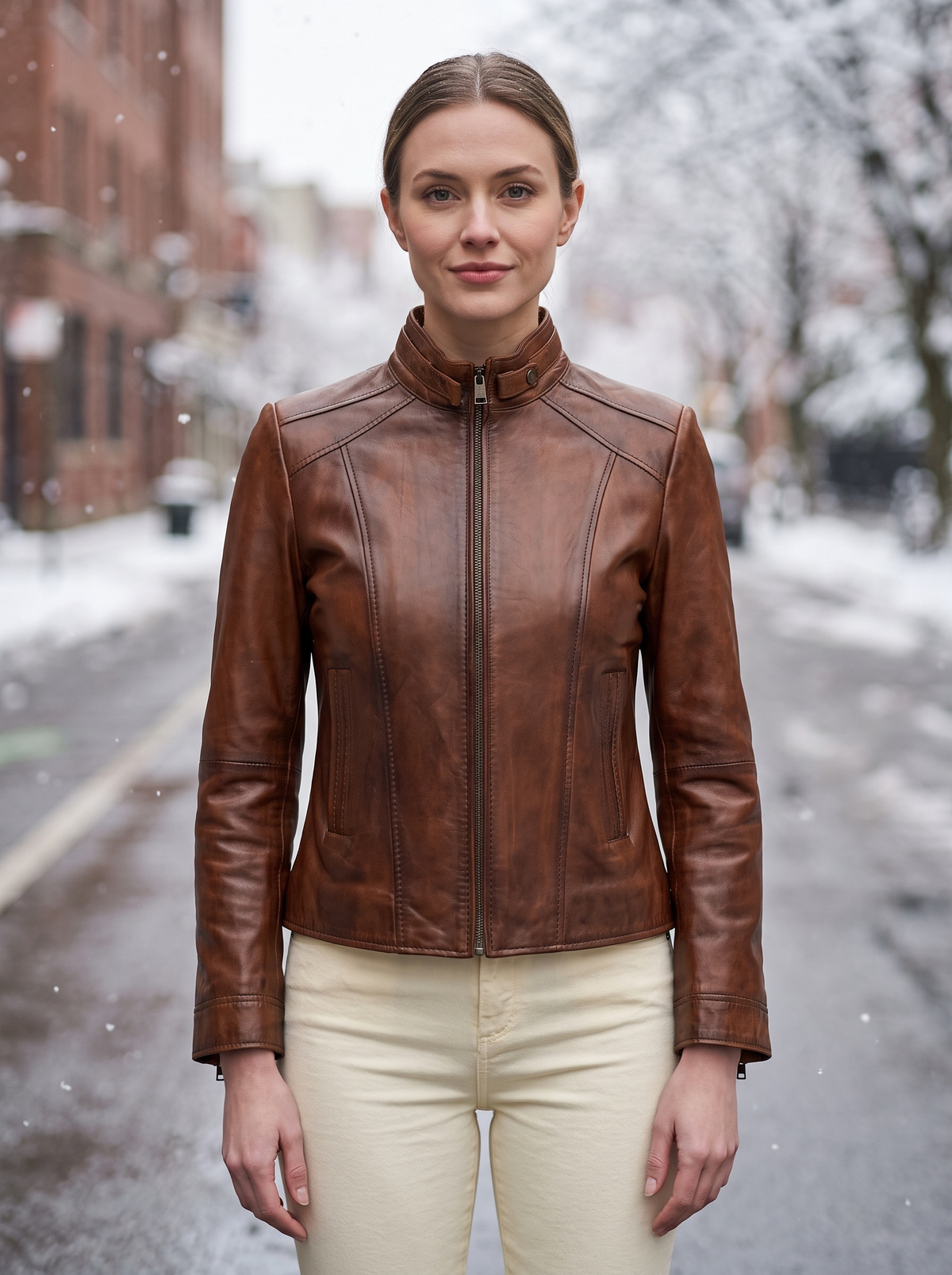 Camel Carla Motor Bike Leather Jacket For Women