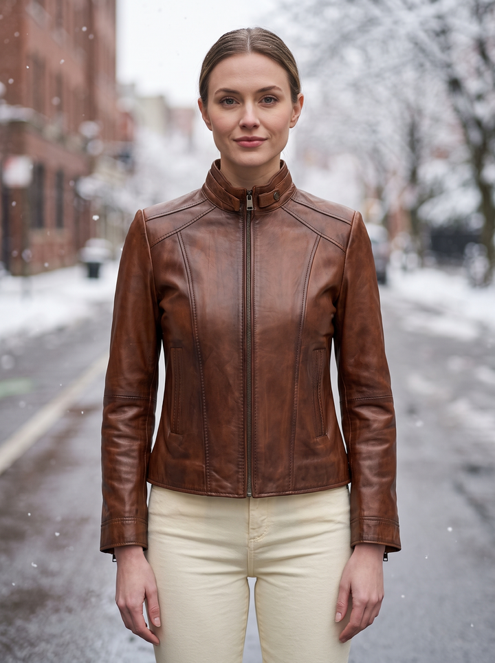 Camel Carla Motor Bike Leather Jacket For Women