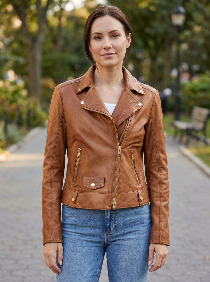 Camel Roxana Brown Biker Leather Jacket For Women
