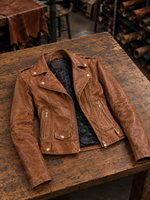 Camel Roxana Brown Biker Leather Jacket For Women