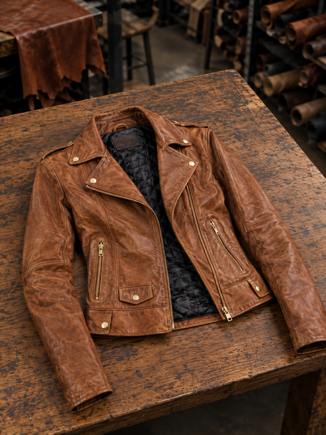 Camel Roxana Brown Biker Leather Jacket For Women