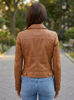 Camel Roxana Brown Biker Leather Jacket For Women