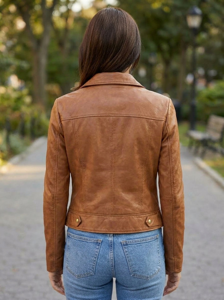 Camel Roxana Brown Biker Leather Jacket For Women