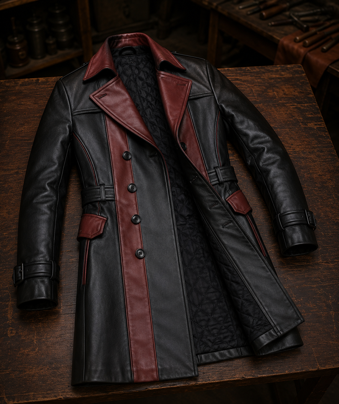 Captain Red & Black Leather Coat For Men