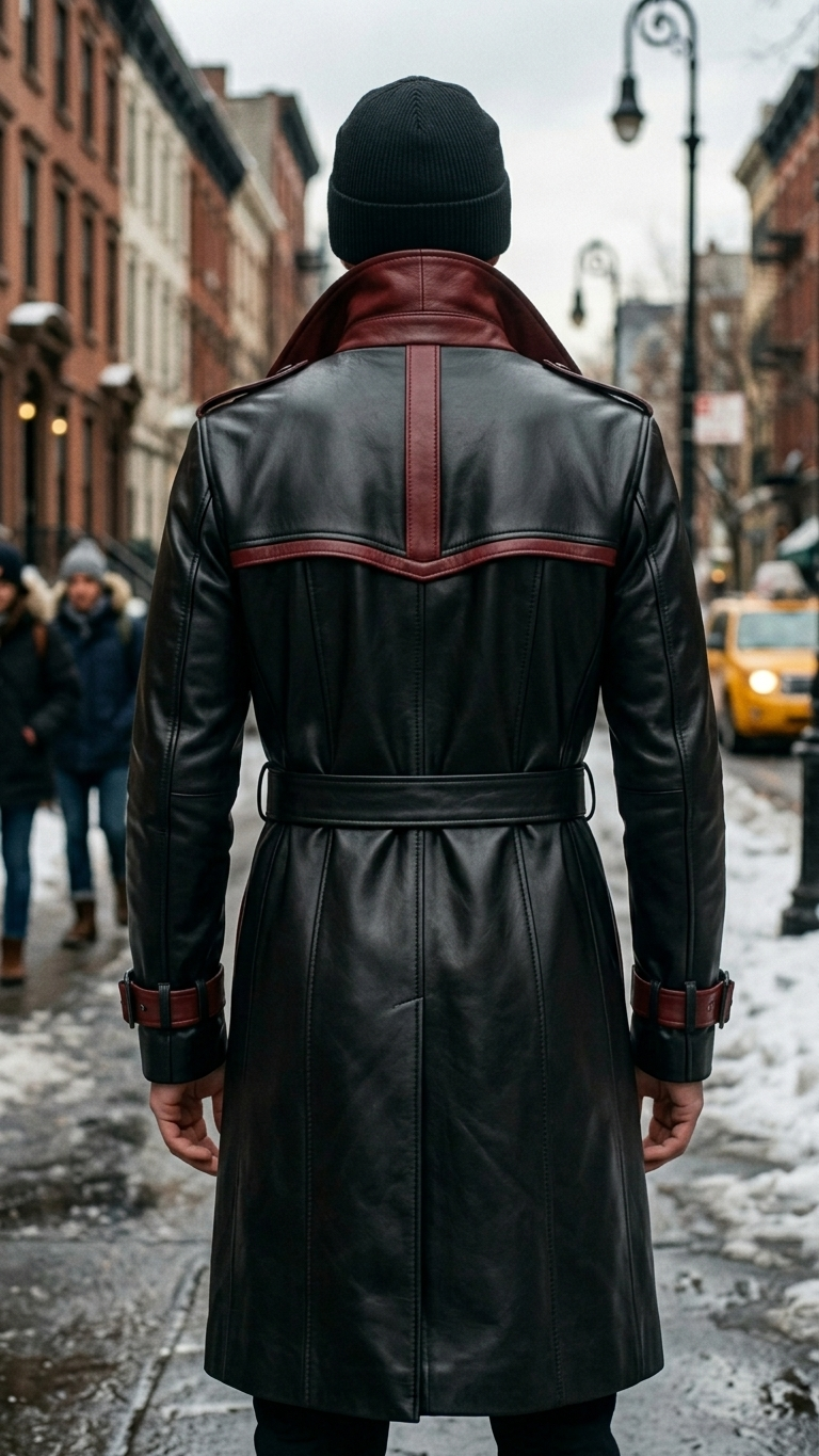 Captain Red & Black Leather Coat For Men