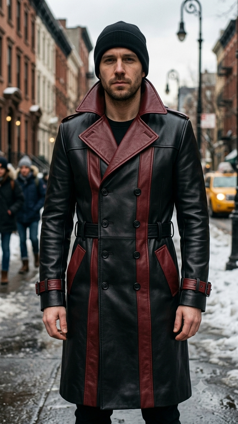 Captain Red & Black Leather Coat For Men