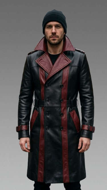 Captain Red & Black Leather Coat For Men