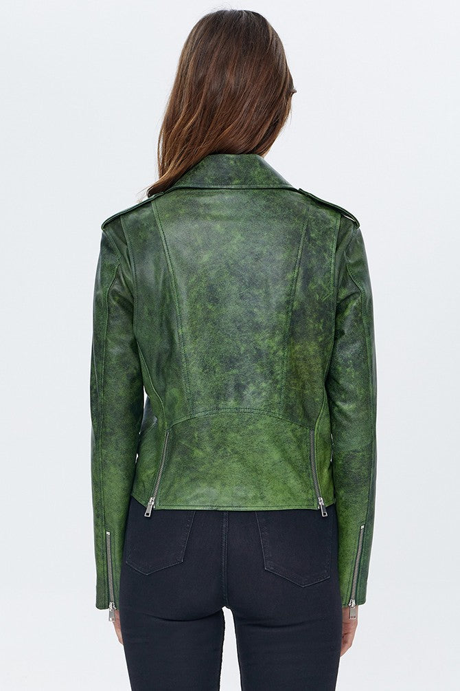 Caroline Green Waxed Biker Leather Jacket For Women's