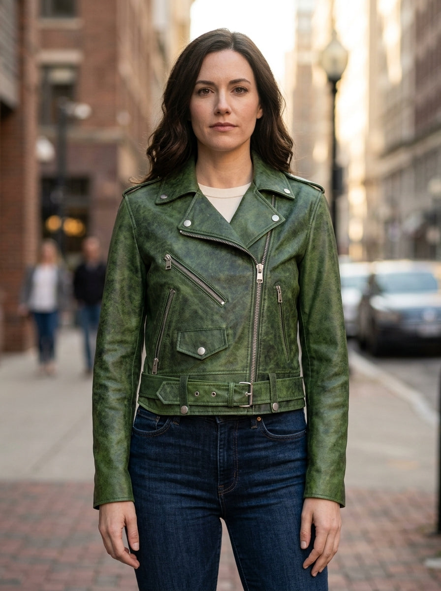 Caroline Green Waxed Biker Leather Jacket For Women's