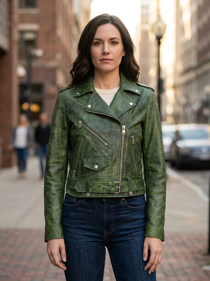 Caroline Green Waxed Biker Leather Jacket For Women's