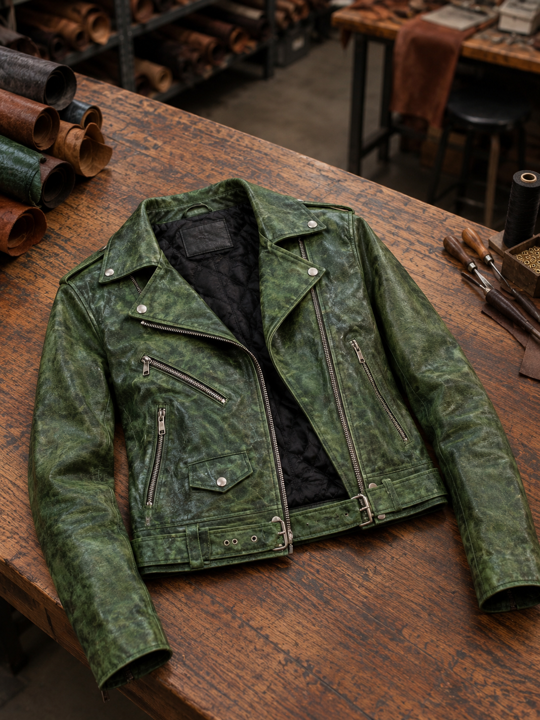 Caroline Green Waxed Biker Leather Jacket For Women's