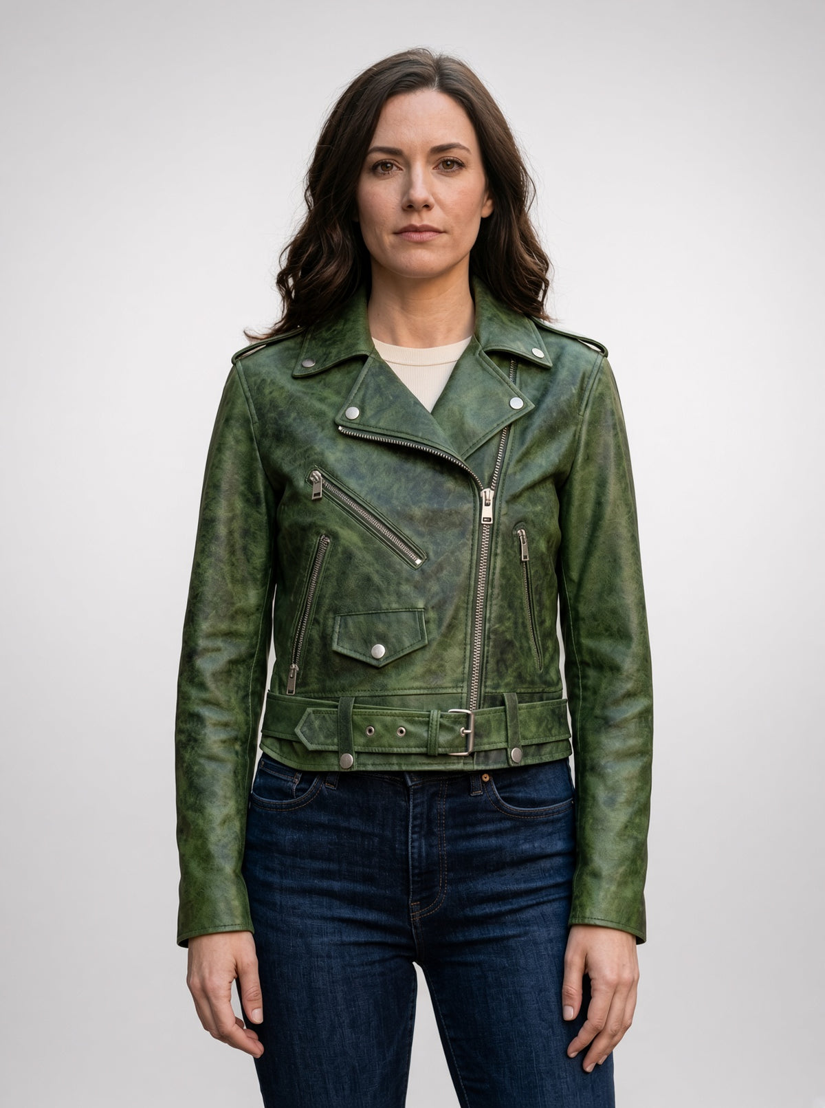Caroline Green Waxed Biker Leather Jacket For Women's