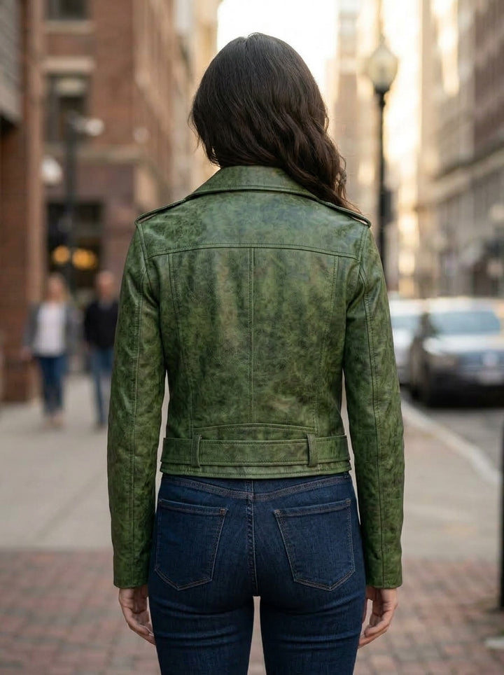 Caroline Green Waxed Biker Leather Jacket For Women's