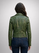 Caroline Green Waxed Biker Leather Jacket For Women's