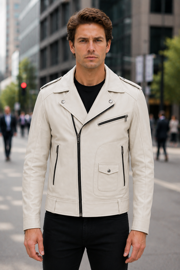 Carter White Beige Biker Leather Jacket For Men