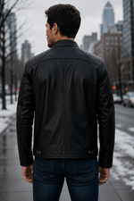 Casual Quilted Black Leather Jacket For Men