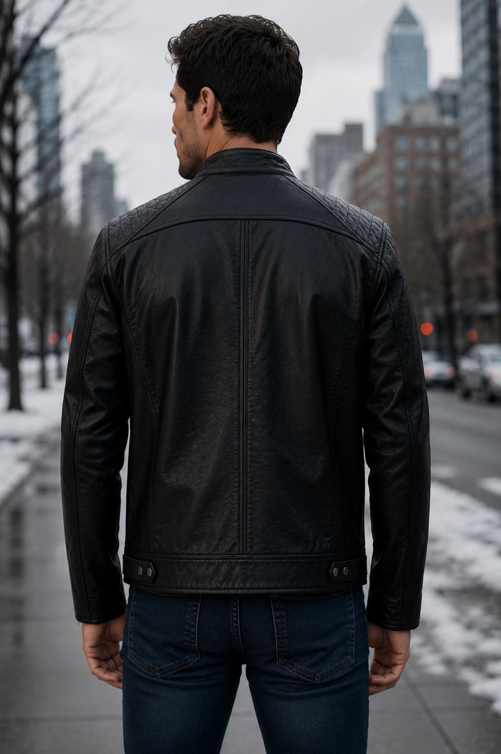 Casual Quilted Black Leather Jacket For Men