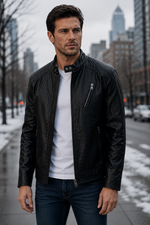Casual Quilted Black Leather Jacket For Men