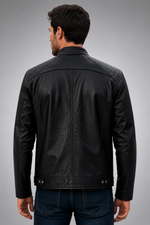 Casual Quilted Black Leather Jacket For Men